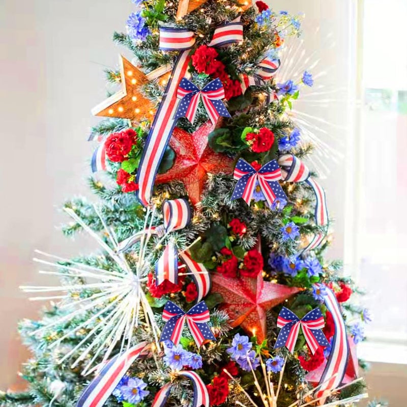 Hongsome 12 Pcs Patriotic Tree Bows Decorations,6 Inch 4th of July Ornaments for Tree Front Door Independence Day Memorial Day Veteran's Day Outdoor Red Blue White Decor - Image 3